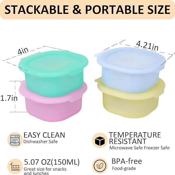 4 Pack Reusable Translucent Silicone Snack Containers with attached Lids,Leak-Proof Snack Box Cheese Containers, Egg Poacher Cups for Sqaure Breakfast Egg