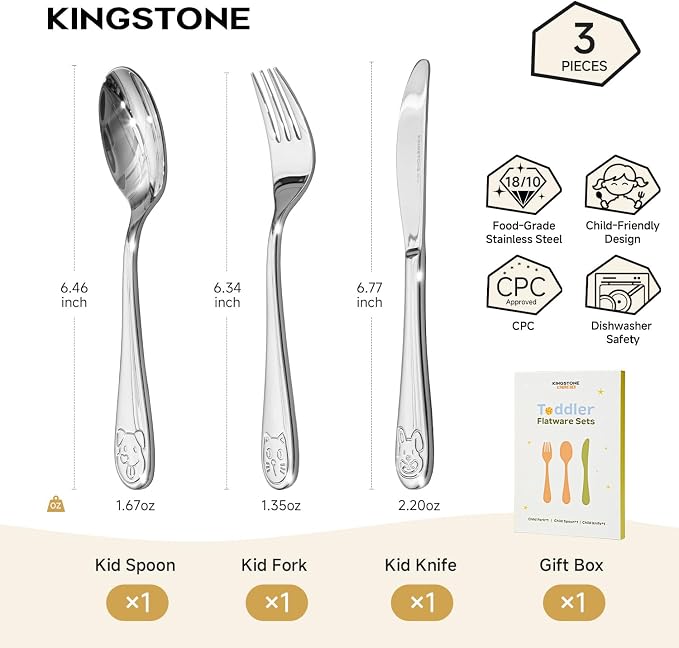 KINGSTONE Toddler Utensils Gift Set, 3-Piece Fork, Spoon & Knife, Large Size, 18/10 Stainless Steel, Cat & Dog Print, Ergonomic Kids Flatware for Self-Feeding, Ideal Birthday or Children Shower Gift