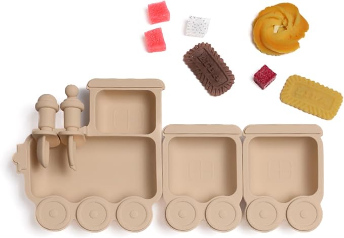 Baby Suction Plate Silicone, 5 Piece Baby Feeding Set - Non Slip Unique Trains Toddler Plates with Fork Spoon, Kids Baby Weaning Plate for No More Meal Time Mess (Beige)