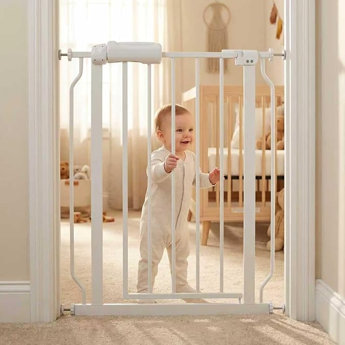 Narrow Baby Gate 24 Inch for Small Dogs - White Tension Indoor Safety Auto Close Walk Through Metal Gate for House Doorways Stairs (24.02"-27.56"/61-70CM)