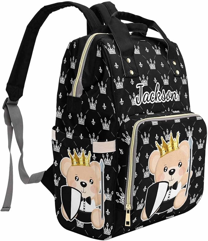 M YESCUSTOM Baby Diaper Bag Custom Name Personalized Crown Diaper Bag with Cartoon Prince Bear Suits for Women Travel Outdoor Use Black