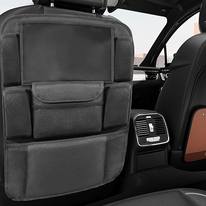 Car Backseat Organizer, Large Capacity Waterproof Auto Back Seat Kick Mats Protector with 12" Touch Screen Tablet Holder, Easy to Clean Car Front Seat Storage Pocket for Road Trip (1PC)