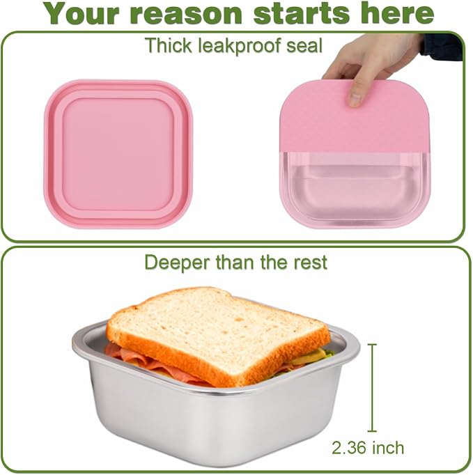2 Pack Sandwich Containers: 30oz Stainless Steel Lunch Box with Silicone Lids, Meal Prep Container Reusable Metal Sandwiches Food Storage for Kitchen & Office Salad Snacks Fruits (Pink/Yellow)