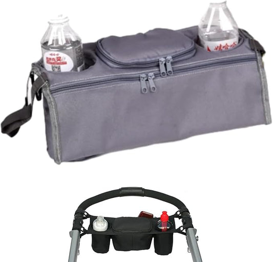 Stroller Organizer with 2 Insulated Cup Holder, Universal Stroller Caddy Accessories Zipper Design Durable Stroller Organizer Bag for All Baby Strollers (Gray)