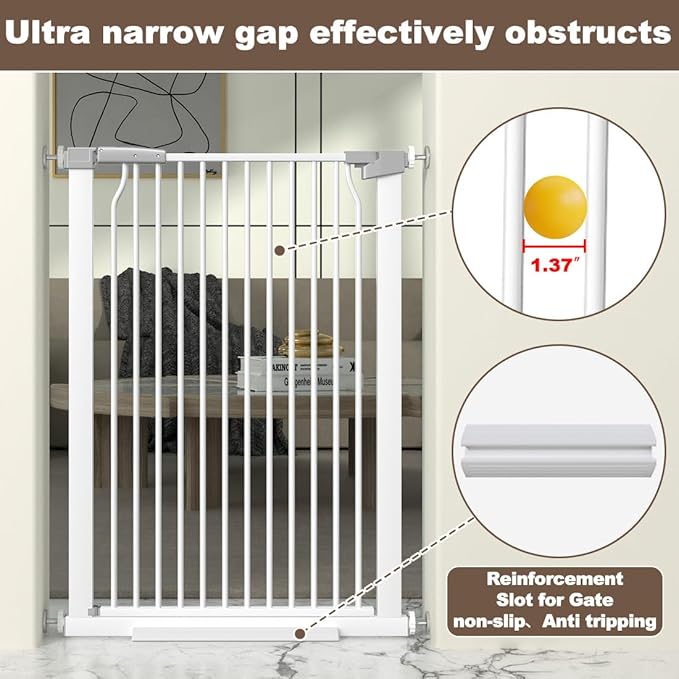 41-Inch Extra Tall Metal Baby Gate for Doorway, 76.8-79.5'' Pet Safe Gate with Expansion Kit, No Drilling Cat Fence Indoor, No Climb Child Door, White