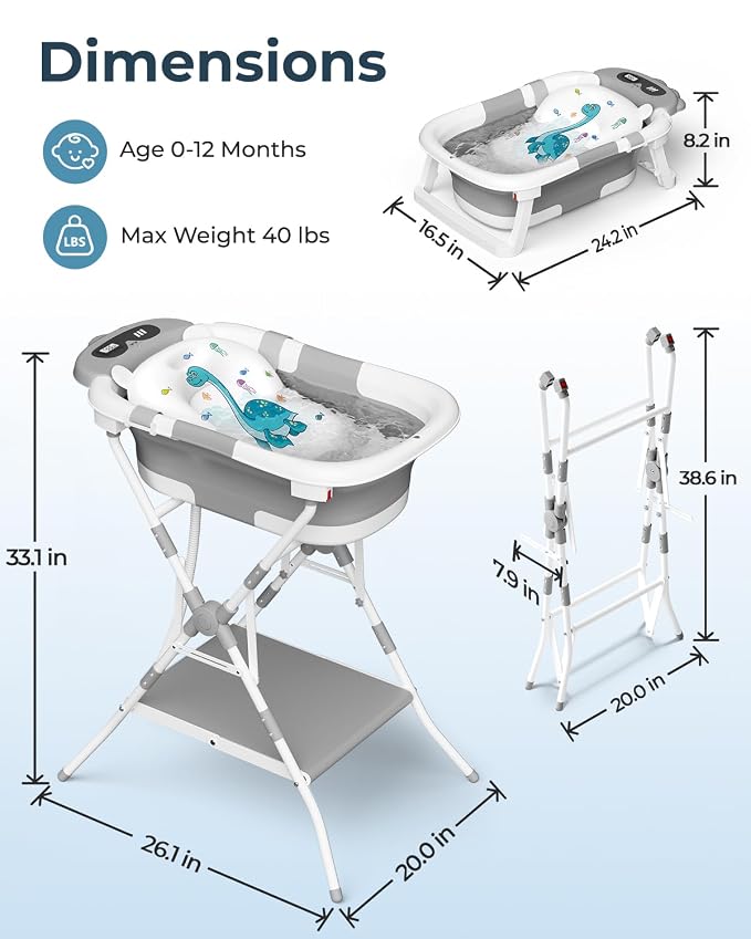 2-in-1 Baby Bath with Stand, Foldable Dinosaur Bathtub for Infant to Toddler, Portable Travel Tub with Soft Cushion for 0-18 Months, Gray
