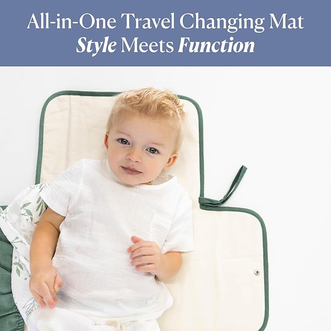 Toddlekind Mini Maven Portable Changing Pad ??Organic Cotton & Water-Resistant Polyester ??Travel-Friendly, Foldable Change Mat ??Forest Green Stripes with Wave Stitching ??Chic, Durable, Easy Clean