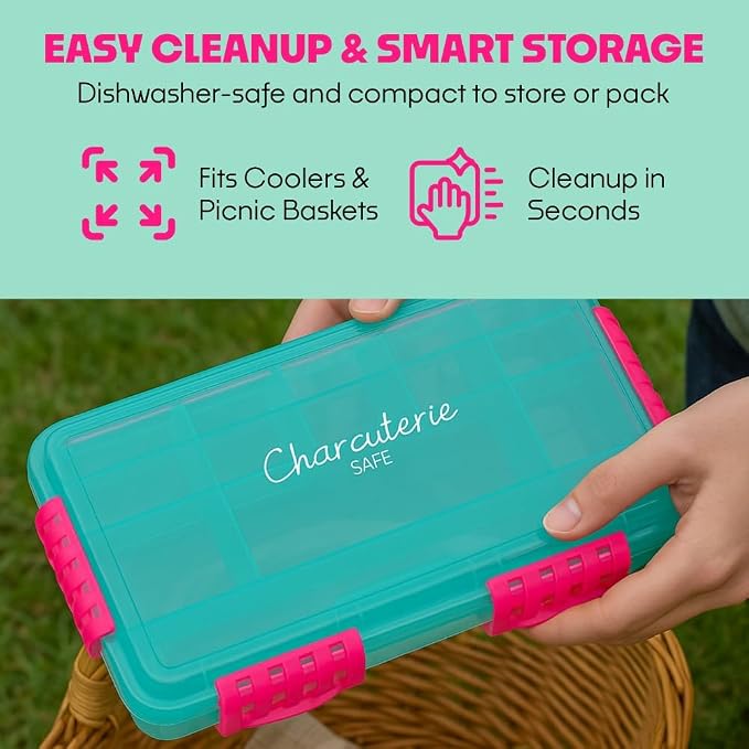 SubSafe Charcuterie Safe - BPA-Free, Food Safe Charcuterie Board with Lid & Handle - Portable Snack Tray Organizer with Dividers, Mini Containers & Cheese Knife - Dishwasher Safe - Seafoam Green