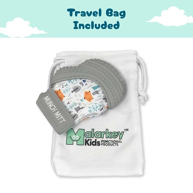 Munch Mitt Patented Teething Mitten Baby Chew Toy - Protects Hands from Chewing & Saliva, Heals Aching Gums, Promotes Sound & Visual Stimulation for Babies - Grey Fox