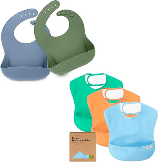 KeaBabies 2-Pack Silicone Bibs For Babies and 3-Pack Waterproof Baby Bibs for Eating - Silicone Baby Bibs for Eating, Lightweight Baby Bib with Food Catcher, Food-Grade Pure Silicone Bib
