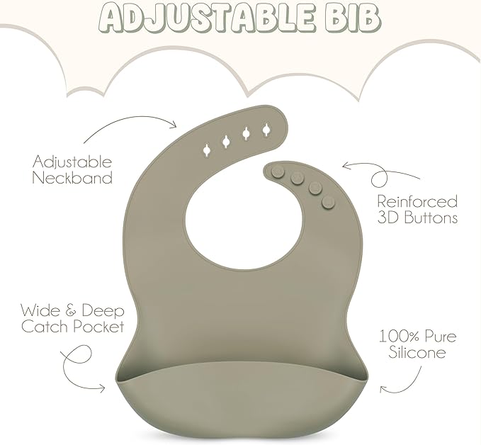 Silicone Baby Feeding Set - 100% Pure LFGB Premium Silicone - 8 Piece Feeding Set: Bib, Straw Cup, Suction Plate & Bowl, Fork & Spoon, Self-Feeding Spoons - BPA-Free, BPS-Free (OLIVE)