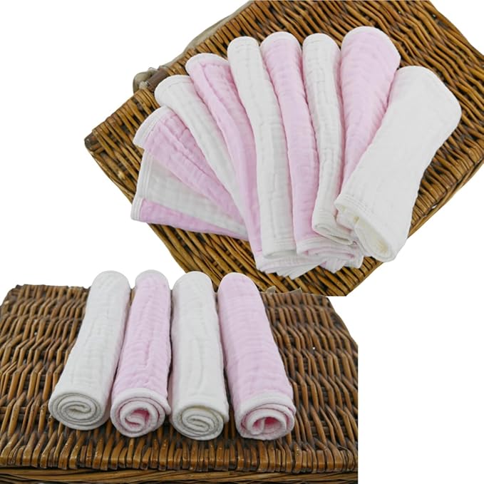 Synrroe Burp Cloths Large, Muslin Burp Cloths for Baby Girls and Boys, Pack of 10 Extra Absorbent and Soft Muslin, 6 Layers 20 by 10 Inches 100% Cotton (Pink-White 10 Pack)