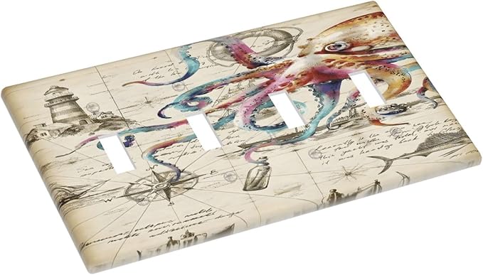 Cool Colorful Nautical Octopus Ocean Kraken Vintage Light Switch Covers Quad Toggle Electrical Faceplate 4 Gang Wall Plate Decorative Switch Plates Cover for Bathroom Farmhouse Decor