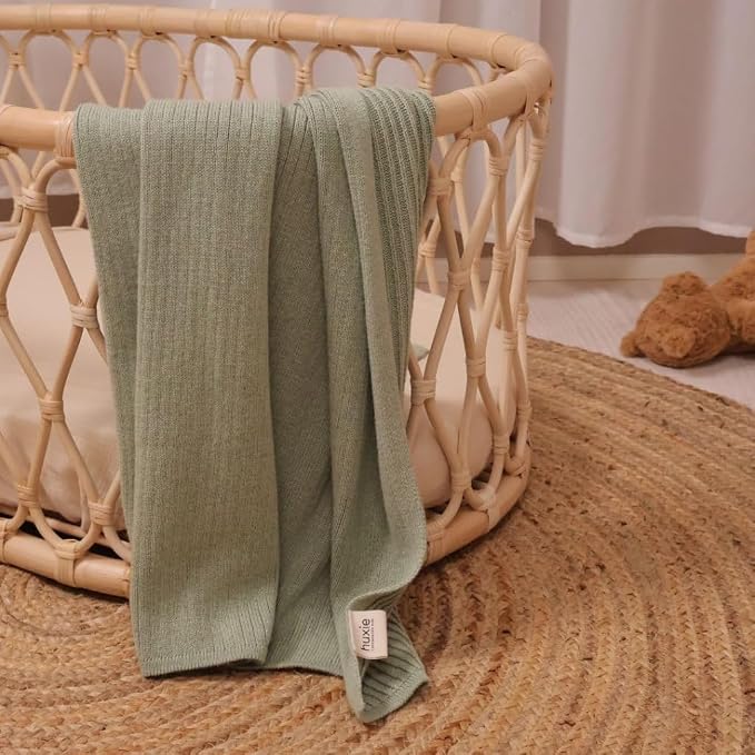 100% Organic Cotton Knit Receiving Baby Girl Blanket for Newborns - Soft, Breathable Swaddle Blanket for Crib & Stroller - Nursery Gift 2-Pack (Ribbed Fog/Roman Green)