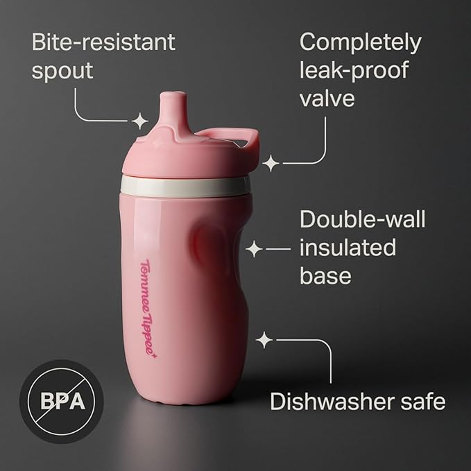 Tommee Tippee Insulated 9oz Sporty Spout Toddler Water Bottle, No Spill, Sippy Cups for Toddlers 1-3, Two-Piece Valve Helps Stop Spills, Yellow & Purple, BPA Free, Pack of 2