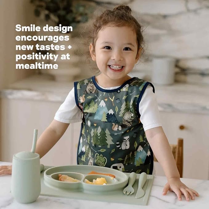 ezpz Happy Mat (Gray) - 24 Months+ - 100% Silicone Suction Placemat + Divided Plate with Three Compartments - Toddler + Preschool Essentials