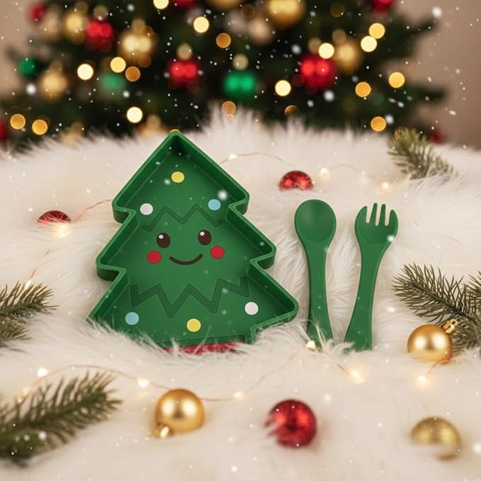 BabyX Baby Silicone Feeder Set, 3-pcs Christmas-themed Baby Plate with Suction, Spoon and Fork for Babies Toddler Kids, BPA-Free, Baby Utensils Feeding Supplies, Microwave and Dishwasher Safe