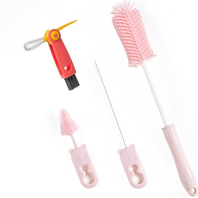 Chemimoso Silicone Bottle Cleaning Brush, 13.4in Long Handle Water Cup Bottles Cleaner for Baby Bottles, Stanley Mug, Sports Bottle, Glass Vase, with a Tiny Cup Lid Gap Cleaning Brush, z Pink