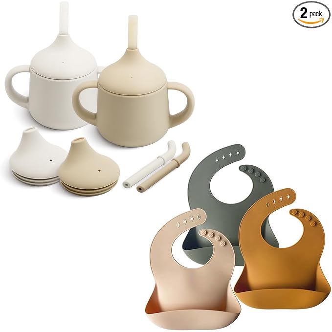 Moonkie Silicone Baby Sippy Cups 2-Pack | 3-Stage Training Cup for Infants & Toddlers | 4oz + Silicone Baby Bibs Set of 3 | BPA-Free, Waterproof, Adjustable Feeding Bibs for Babies & Toddlers | Perfec