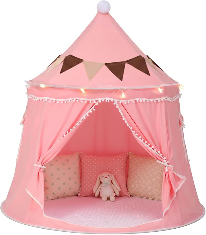 Play Tent with Padded Mat, Star Lights and Flags, Large Princess Tent Kids Play Tent, Indoor Outdoor Game Playhouse, Portable Children Yurt Tents, Birthday Gift for Girls, 47''x45'', Pink