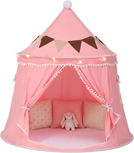 Play Tent with Padded Mat, Star Lights and Flags, Large Princess Tent Kids Play Tent, Indoor Outdoor Game Playhouse, Portable Children Yurt Tents, Birthday Gift for Girls, 47''x45'', Pink