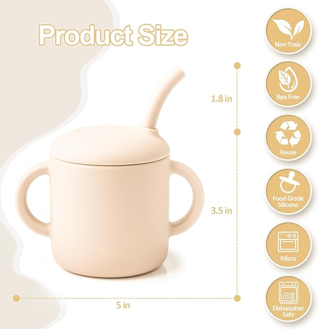 Premium Silicone Baby Straw Cup 6 floz, BPA-Free Food-Grade Silicone Sippy Cup for Infants and Toddlers 6months+, Leak-Resistant, Durable, Easy-Grip Training Design (Beige)