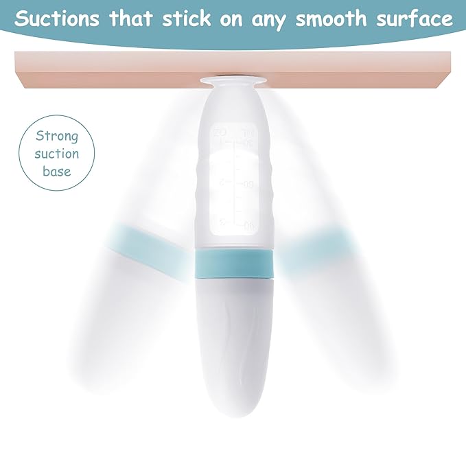 WAJIAYON Baby Food Feeder 4 Pack Silicone Baby Food Dispensing Spoon-3 oz Squeeze Feeding Spoons with Suction Cup for Boys Girl Kids Toddlers - Self Feeding Bottle Spoon-Light Blue