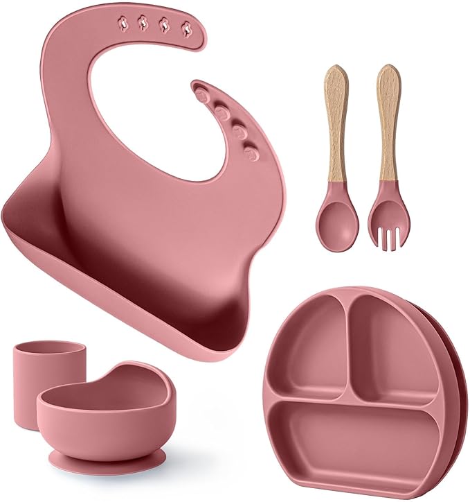 Baby Suction Plates and Bowls Set - 100% Food Grade Silicone Toddler Feeding Supplies for BLW | Stay-Put Divided Dish | Includes Bonus Bib, Cup & Soft Spoon/Fork (6-Piece)