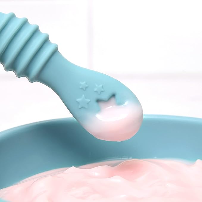 PrimaStella 6-Piece Silicone Baby Feeding Spoons - First Stage Infant Spoons, Soft-Tip Baby Training Spoon - Infant Utensils Feeding Supplies - Dishwasher & Boil-proof (Blue/Green)