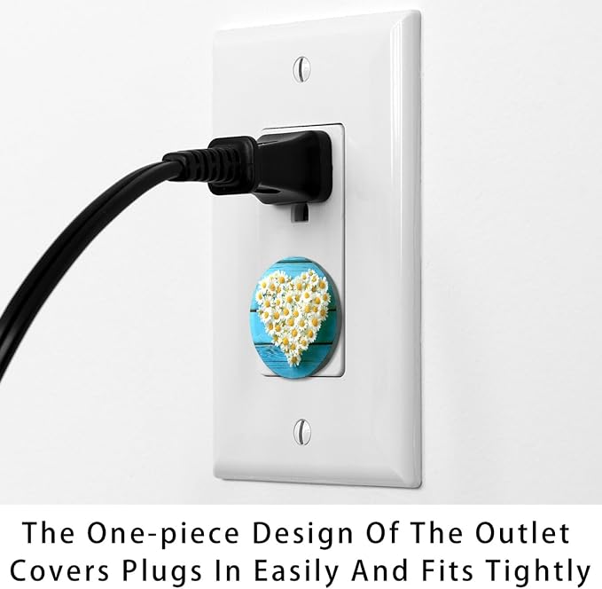 Daisy Heart Shape Wooden Background Outlet Covers Baby Proofing Child Proof, 12 Packs Outlet Plug Covers, 2-Prong Electrical Safety Socket Caps, Wall Plates Receptacle Protector Guard