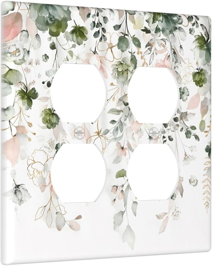 Green Pink Floral Flower Rustic Eucalyptus Leaves Wildflower Outlet Covers 2 Gang Double Duplex Decorative Light Switch Covers Electrical Wallplates Socket Faceplate for Bedroom Living Room Decor