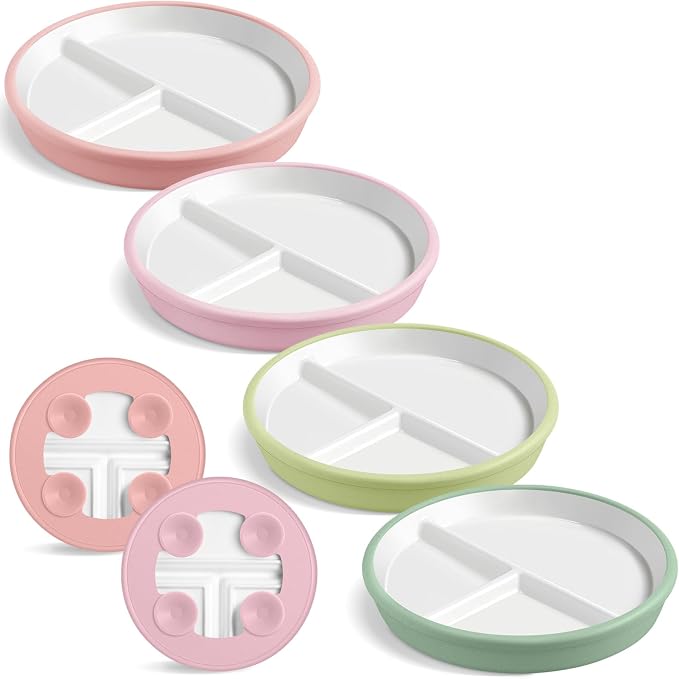 Domensi 4 Sets 8 Inch Kids Porcelain Plates with Silicone Suction Sleeve Antislip White Ceramic Divided Toddler Plates Microwave Dishwasher Safe for Baby Children Feeding Supplies (Cyan,Pink)