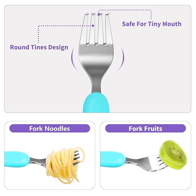 Lehoo Castle 6 Pieces Toddler Utensils, Kids Silverware for 2 3 4 Years Old, Stainless Steel Fork and Spoon Set with Plastic Handle, Safe Toddler Cutlery (Light Purple + Blue)