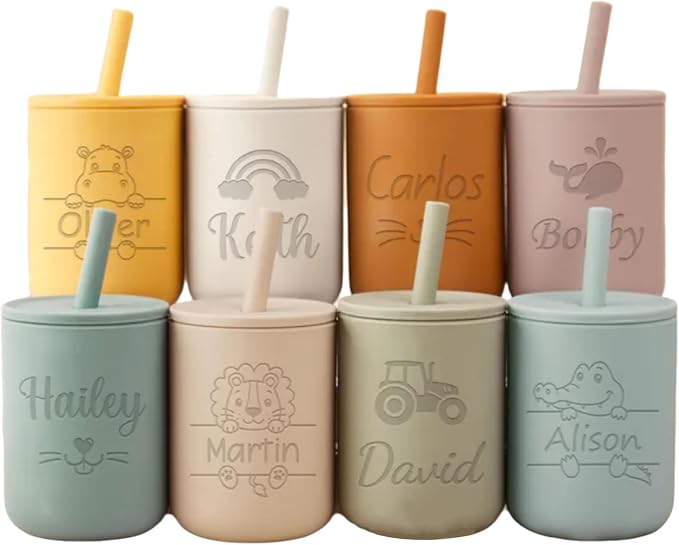 Personalized Silicone Baby Cup with Straw -7oz Leak-Proof, BPA-Free Training Cup for Toddlers - Ideal Baby Shower & Birthday Gift