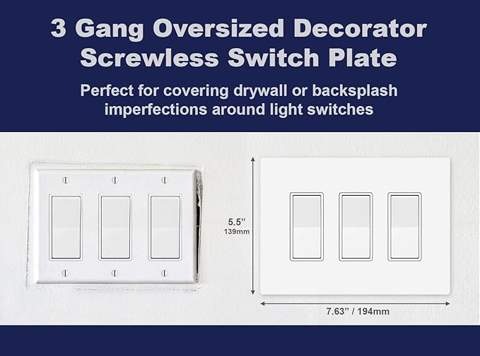 Art Plates - OVERSIZED Screwless Switch Plate - 5.5" x 7.63" - Jumbo 3 Gang Decorator GFCI Style - Unbreakable Polycarbonate - Three Gang Screwless Light Switch Cover Plate - Glossy White (5 Pack)