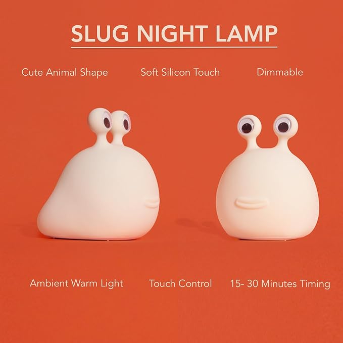 DesignNest Slug Night Light, LED Soft Silicone Touch Control Lamp, Dimmable, Auto Off Timer, Rechargeable, Sleep Aid, 80H+ Long, Squishy Night Light Toy, Kids, Toddler, Nursery, Bedroom, Gift