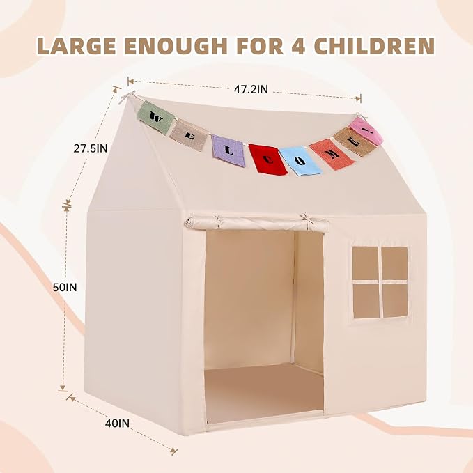 Kids Play Tent Large Playhouse Indoor Outdoor Play House Tent for Boys Girls Toddlers Castle Tents with Banners (Beige(with One Window))