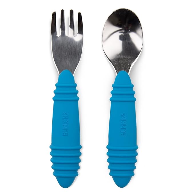 Bumkins Toddler Utensils, Kids Size Fork and Spoon Set, Silicone and Stainless-Steel Training Silverware, Angled Forks / Sporks for Self-Feeding, Children Hold Learning to Eat, 18 Mos Up, Dark Blue