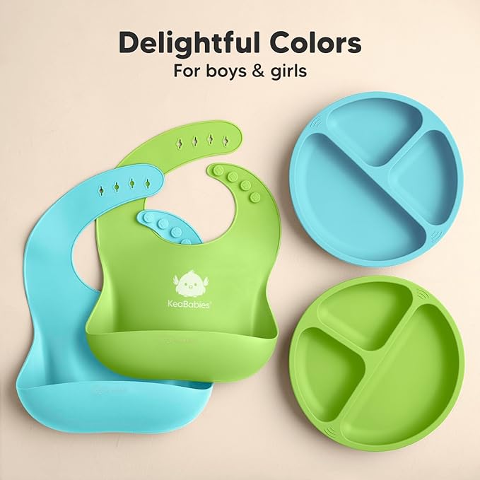 KeaBabies 2-Pack Silicone Bibs for Babies, Toddlers Girl, Boy ??Sturdy Food-Grade Baby Bibs for Eating, Large Food Catcher, Clean & Put On Easily, Waterproof Toddler Feeding Essentials (Cloud Nine)