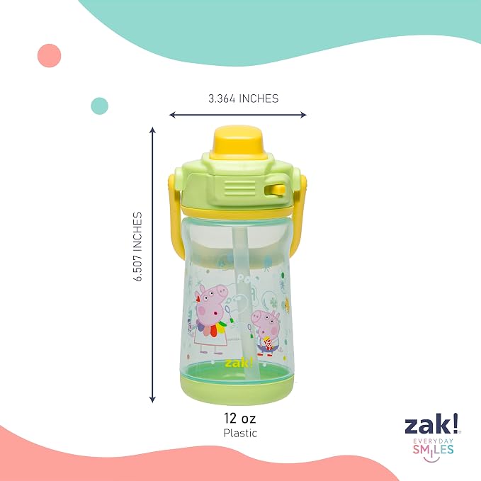 Zak Designs Peppa Pig Beacon Kid Water Bottle for Travel or At Home, 12oz Plastic is Durable and Leak-Proof with Liquid Lock Spout, Cover, Carry Handle, Protective Base (Peppa, George)