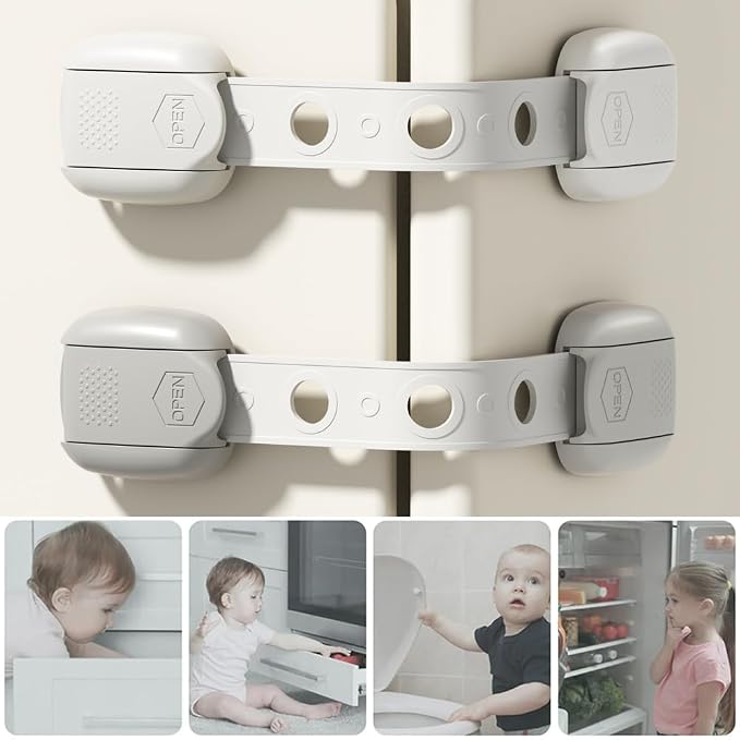 Child Safety Strap Locks (10 Pack) Baby Locks for Cabinets and Drawers, Toilet, Fridge & More. Adhesive Pads. Easy Installation, No Drilling Required, White/Gray (Gray, 10 pcs (Pack of 1))