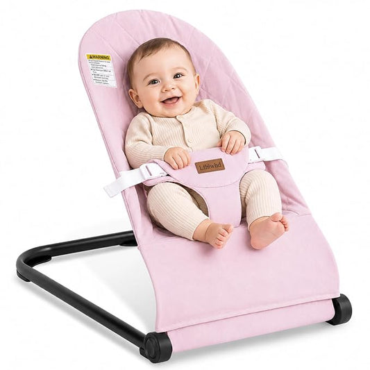 Baby Bouncer,Baby Bouncer Seat,Portable Infant Bouncer with 3-Point Safety Harness,Ergonomic Bouncy seat, Bouncer for Babies 0-6 Months up to 20lbs (Pink)