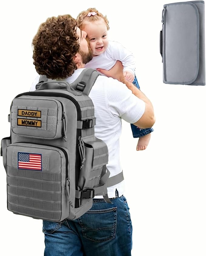 SHARKMOUTH Baby Diaper Bag for Dad - Large Military Daddy Gear Backpack with Changing Pad for Travel Camping Hiking - Newborn Baby Shower Gifts Gray