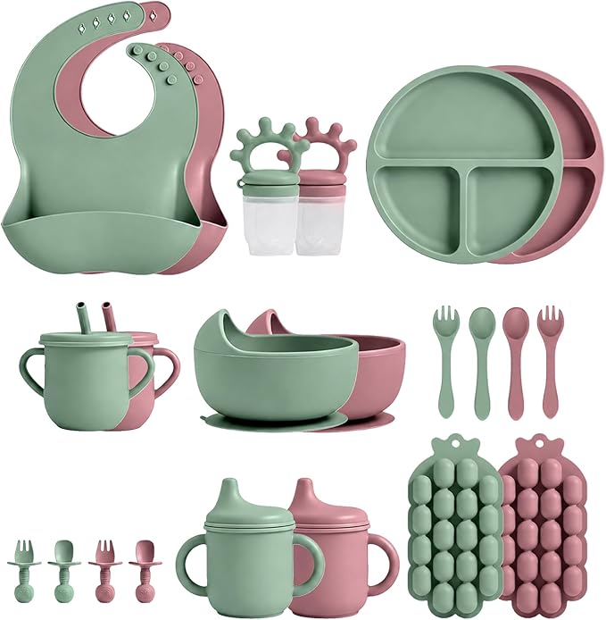 22 Pcs Silicone Baby Feeding Set with Suction Plate, Bowl, Bib, Sippy Cup, Fruit Feeder & Freezer Tray, Training cup with straw, Silicone Fork & Spoon, Baby Eating Utensils (Pink+Green)