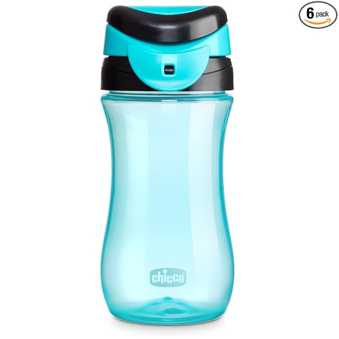 Chicco My Tumbler Open Rim Water Bottle with Free-Flow Spout 12oz. Spill Proof when Lid is Closed Flip-Up Carry Handle Top-Rack Dishwasher Safe Easy to Hold Toddler Cup Teal 2+ Years (Pack of 6)