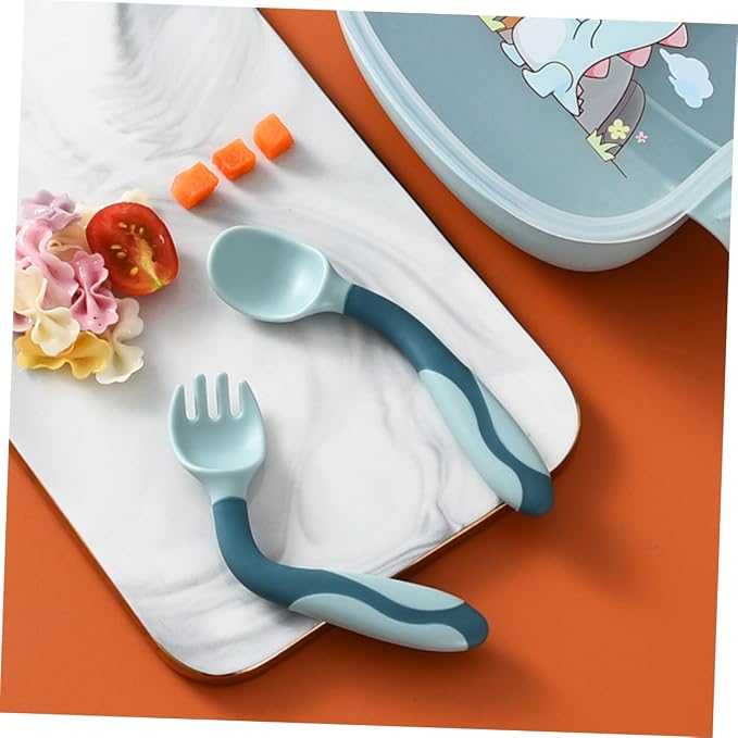 Ciieeo 2 Sets Bendable Silicone Spoon and Fork Food Grade Flexible Feeding Utensils for Safe Soft Tableware Weaning and Dining