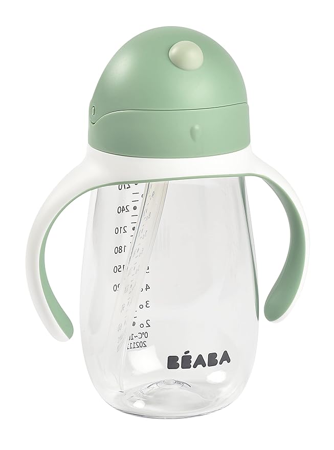 Beaba Straw Sippy Cup, Toddler Baby Straw Cup with Removable Handles, Leak and Spill Proof, BPA Phthalate Free, 8+ Months, 10 oz, (Sage)