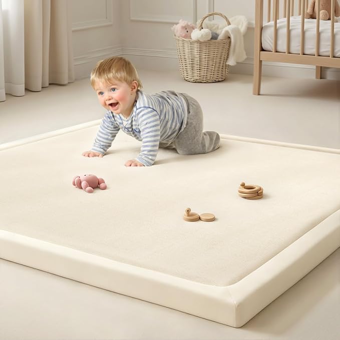 Goyuu Ultra Soft 1.3" Thick Baby Play Mat for Floor, 50x50 Playpen Mat Elasti-Foam Padded Crawling Mat for Babies, Toddlers, Infant, Kids, Non-Slip Backing Safe for Tummy Time, Beige