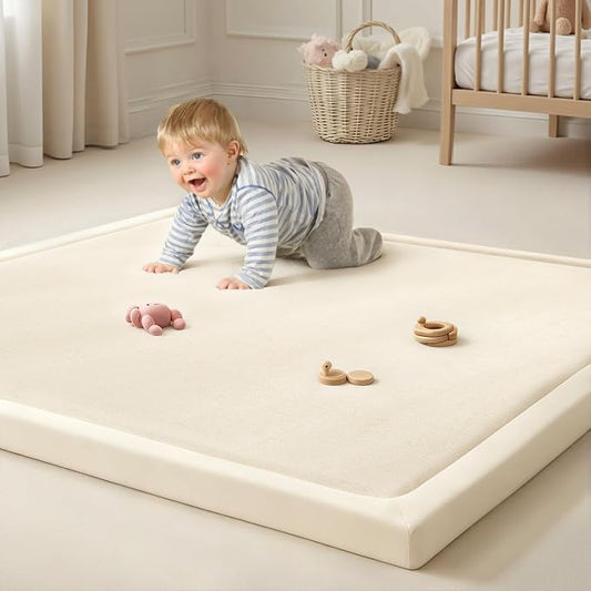 Goyuu Ultra Soft 1.3" Thick Baby Play Mat for Floor, 79x158 Playpen Mat Elasti-Foam Padded Crawling Mat for Babies, Toddlers, Infant, Kids, Non-Slip Backing Safe for Tummy Time, Beige