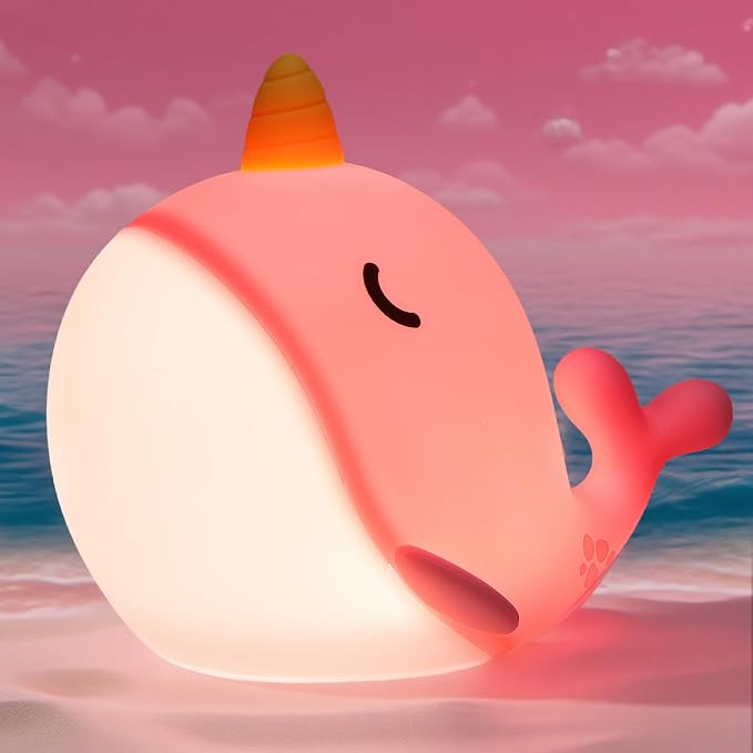 Whale Lamp, Narwhal Nursery Nightlight for Kids, Soft Silicone Animal Night Light with 3 Levels of Brightness & 30 Mins Timer, Whale Gifts for Girl Birthday Holiday Decoration